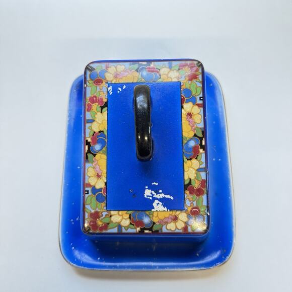Vintage Art Deco Scotch Ivory Cheese Butter Dish Antique Tableware Blue Floral - Picture 1 of 10